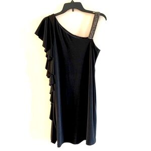 Bisou Bisou One Shoulder Silver Beaded  Little Black Ruffle Dress, Sz 8.